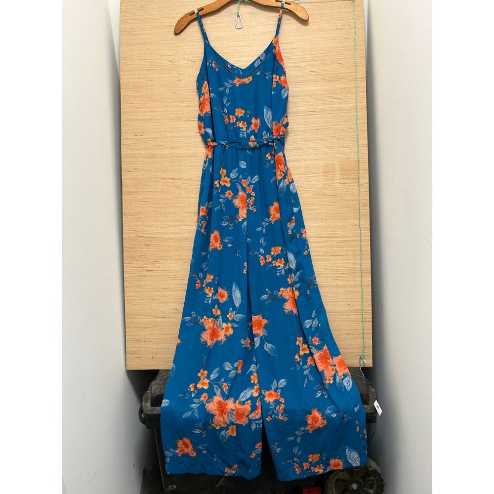 Skies Are Blue Floral Wide Leg Jumpsuit Teal Orange Smocked Back Small